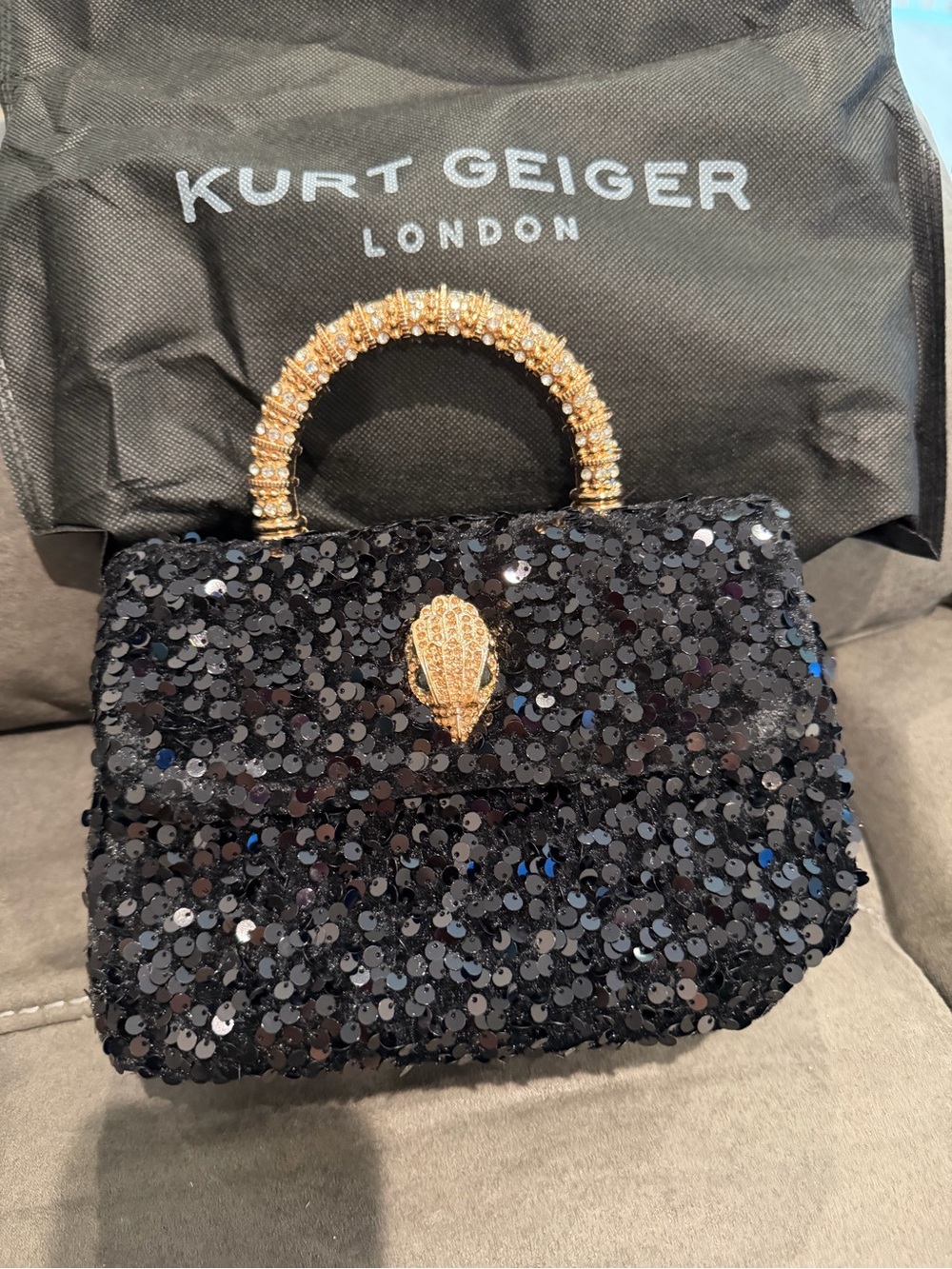 New Kurt Geiger Black Sequin Top-Handle Bag with Gold Hardware